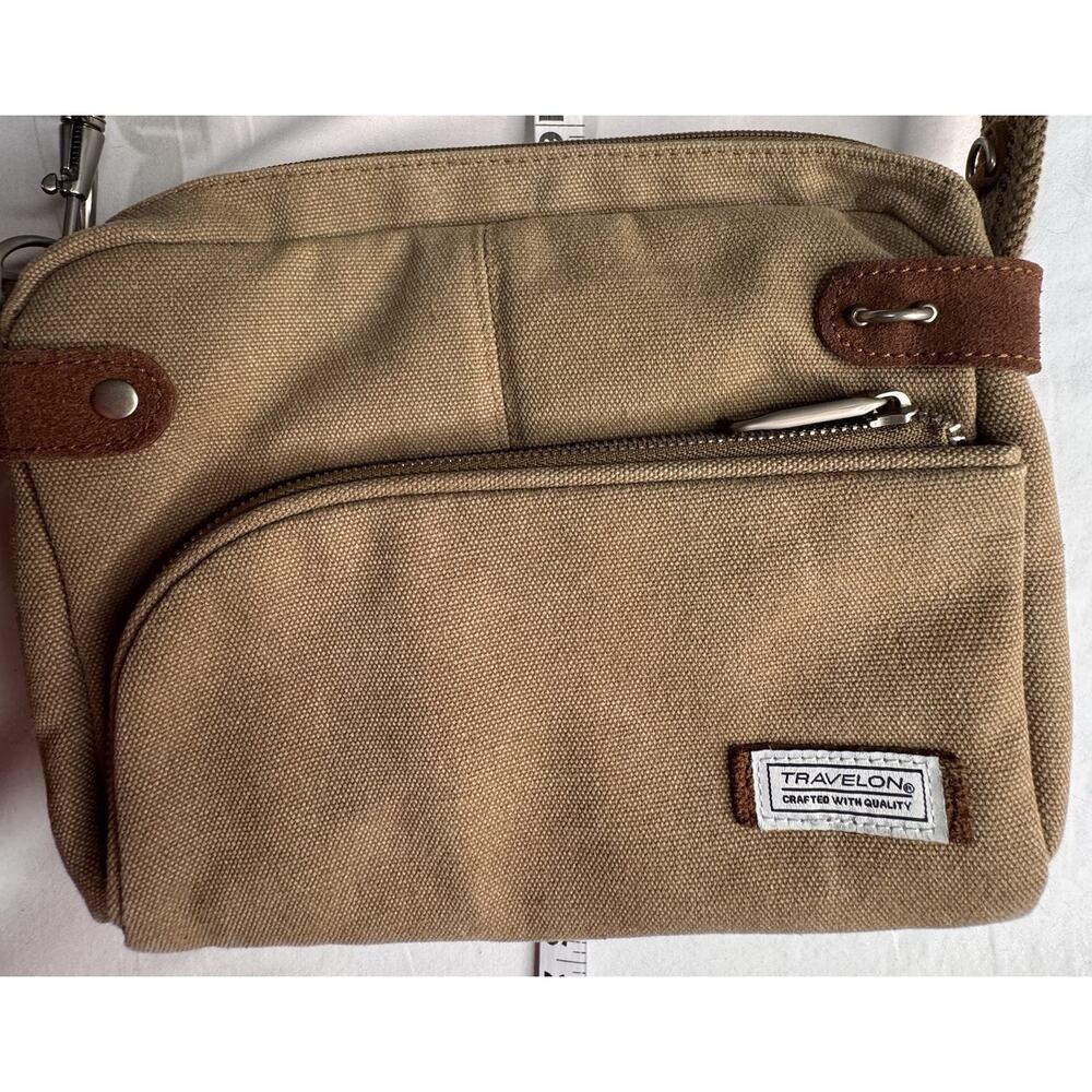 TRAVELON Brown Canvas & Tan Suede Crossbody Shoulder Bag Pockets - Picture 5 of 12